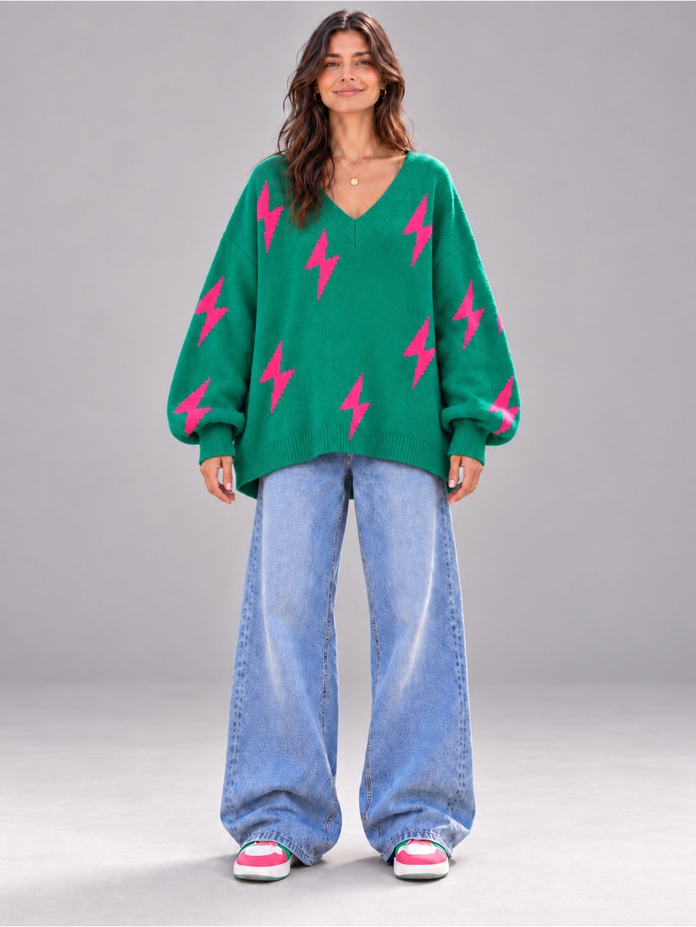 Dressed in LALA Green V-Neck Sweater with Pink Lightning Bolt Oversized Sweater